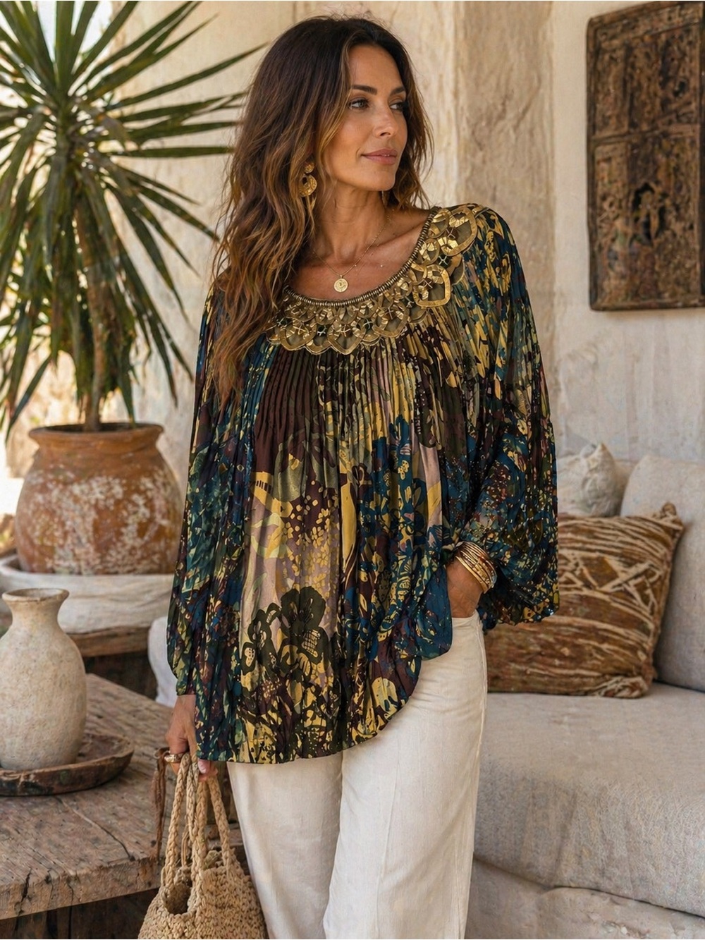 Ranna Gill Embellished Pleated Tunic Top | Size XL| As Is